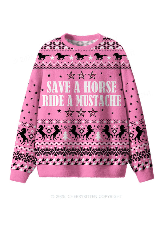 Ride A Mustache Y2K Christmas Knit Sweatshirt Cherrykitten