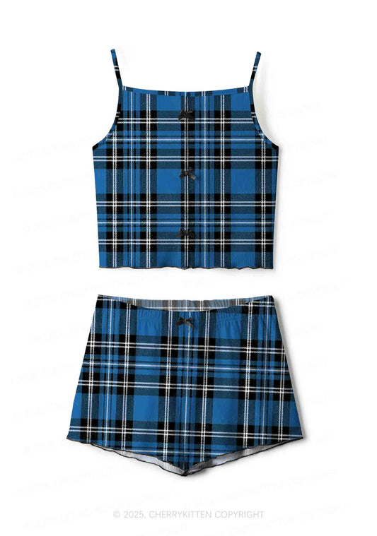 Blue Plaid Y2K Print Cami Shorts Pajama Set Cherrykitten