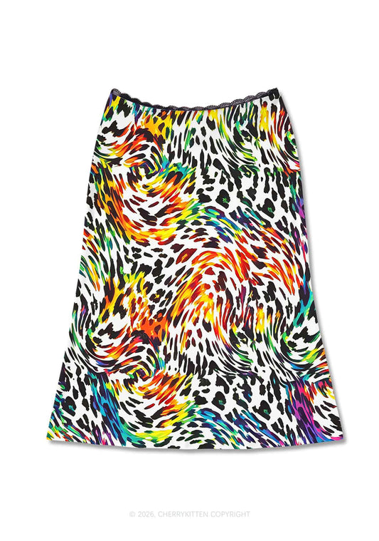 Rainbow Leopard Pride Y2K Print Midi Skirt Cherrykitten