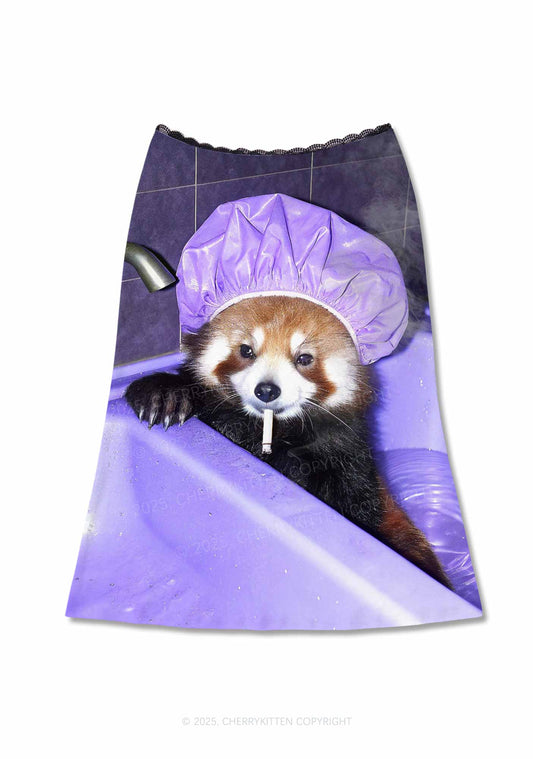 Purple Bath Smoking Raccoon Y2K Print Midi Skirt Cherrykitten