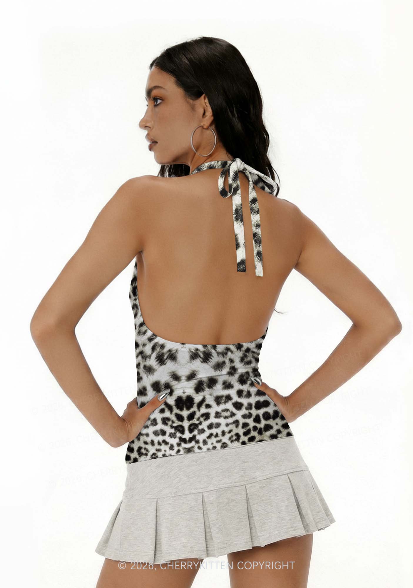 Snow Leopard Y2K Print Halter Deep V Neck Cami Cherrykitten