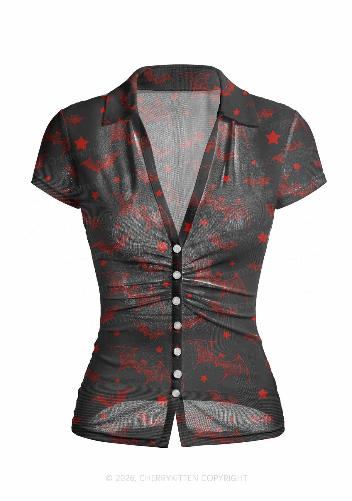 Bat And Star Y2K Mesh Ruched Waist V Neck Top Cherrykitten