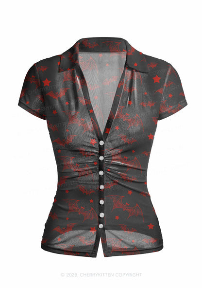 Bat And Star Y2K Mesh Ruched Waist V Neck Top Cherrykitten