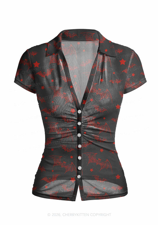 Bat And Star Y2K Mesh Ruched Waist V Neck Top Cherrykitten