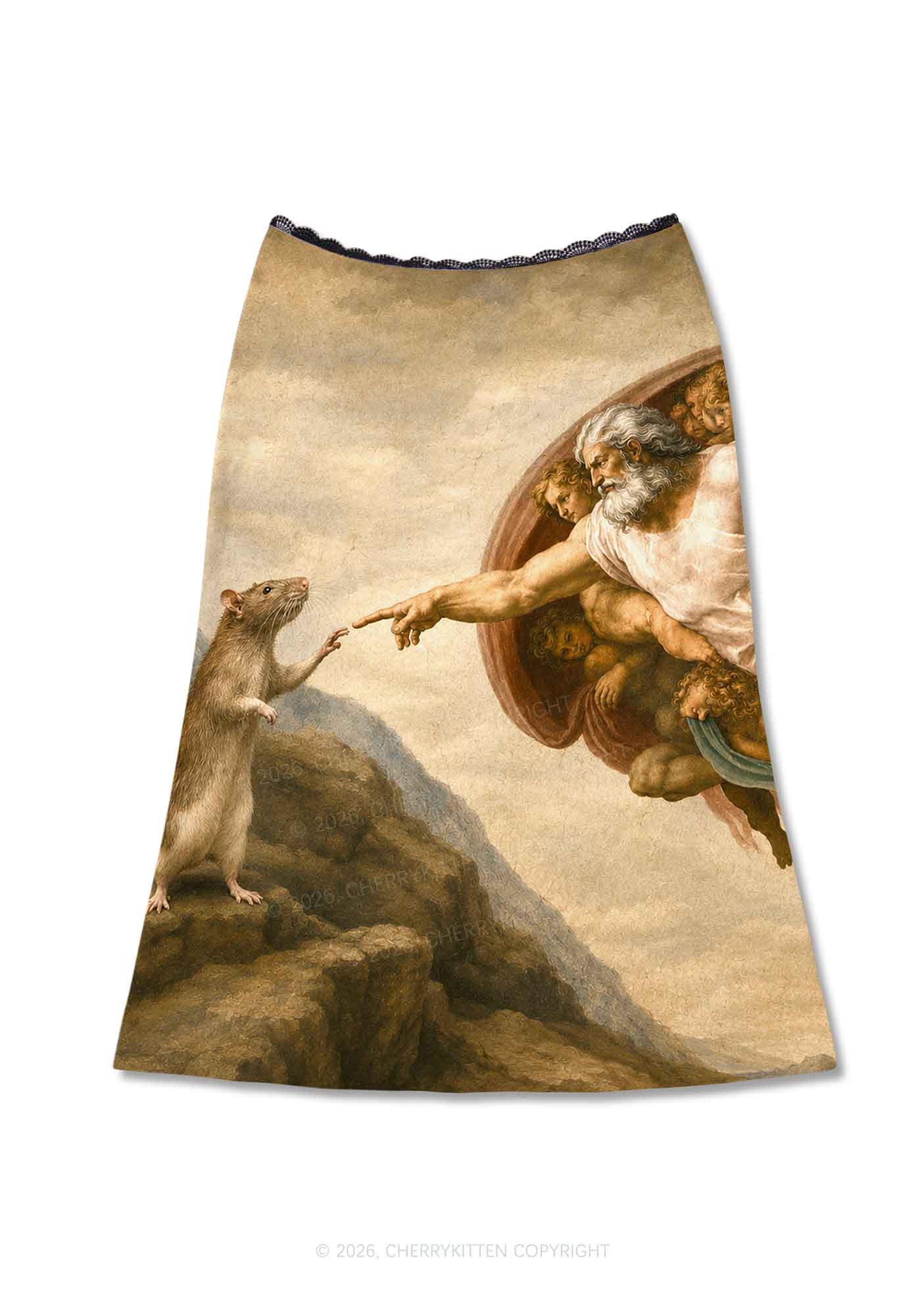 God Hand Touching Rat Y2K Print Midi Skirt Cherrykitten