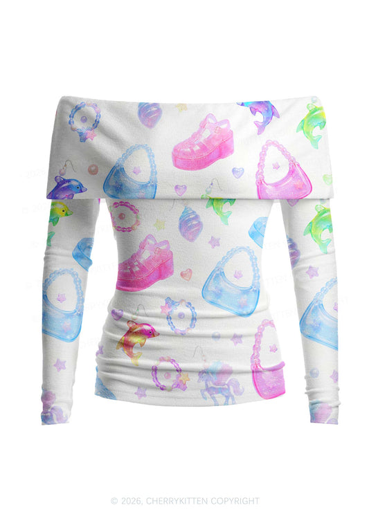 White Jelly Charms Y2K Off Shoulder Fold Over Knit Top Cherrykitten