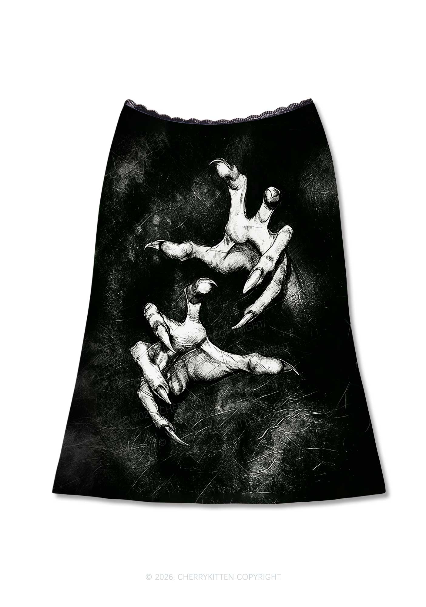 Halloween Black Demon Claws Y2K Print Midi Skirt Cherrykitten
