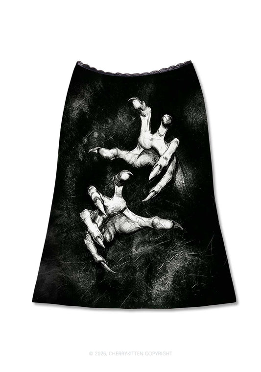 Halloween Black Demon Claws Y2K Print Midi Skirt Cherrykitten
