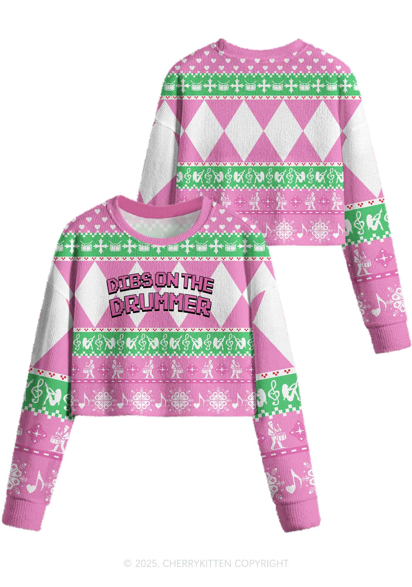 Dibs On The Drummer Y2K Christmas Crop Knit Sweatshirt Cherrykitten