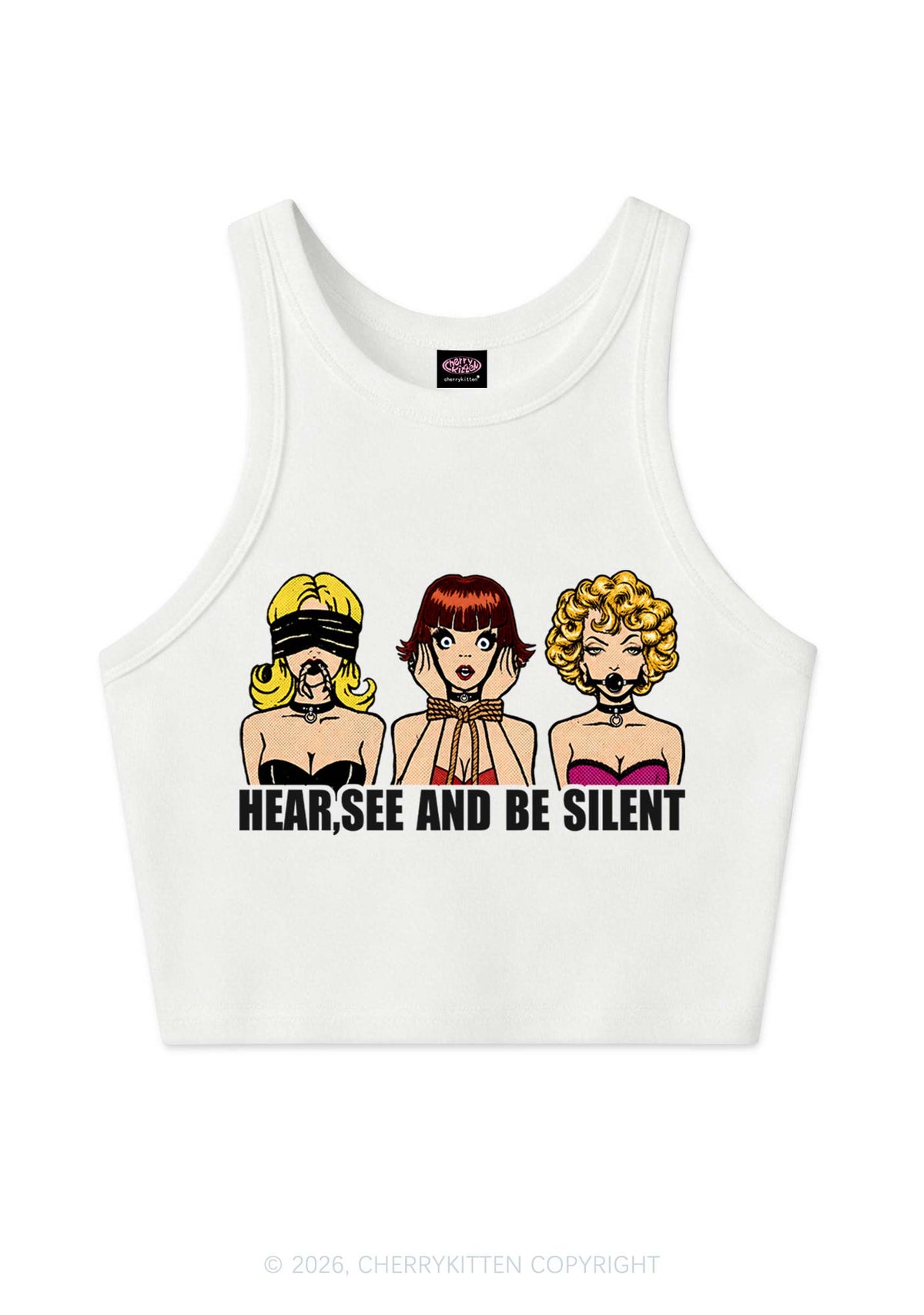 Hear See Be Silent Y2K Crop Tank Top Cherrykitten