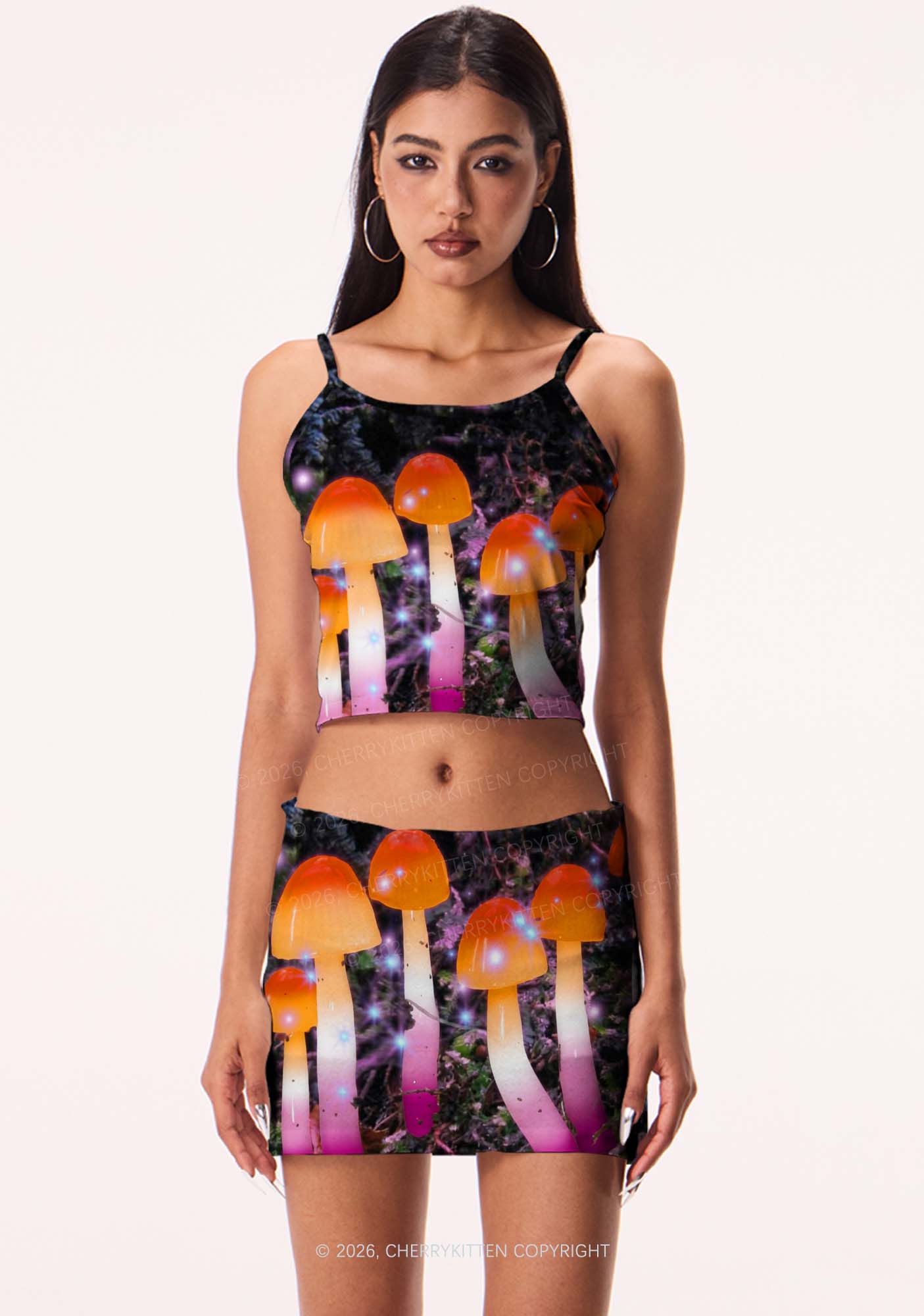 Lesbian Glowing Mushroom Pride Y2K Print Mini Skirt Cherrykitten
