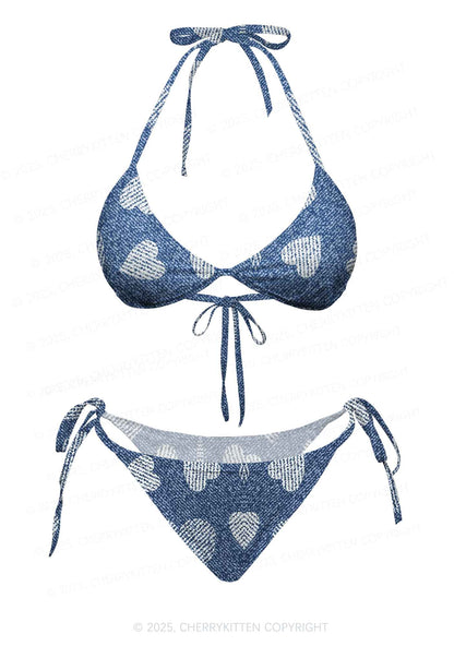 Denim Heartbeat Y2K Print Bikini Set Cherrykitten