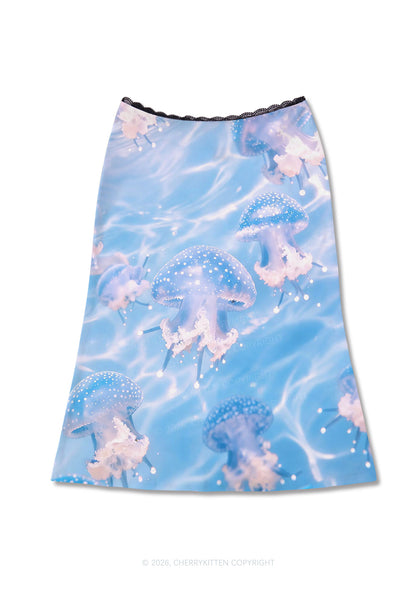 Blue Ocean Jellyfish Y2K Print Midi Skirt Cherrykitten