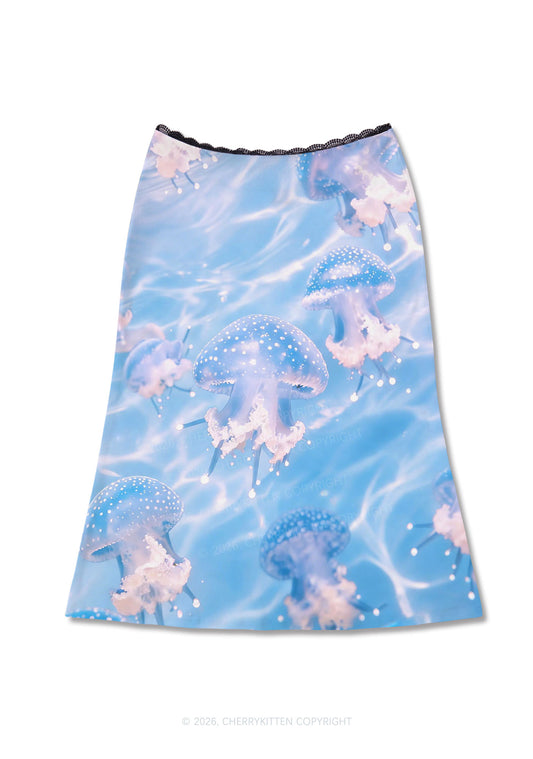 Blue Ocean Jellyfish Y2K Print Midi Skirt Cherrykitten