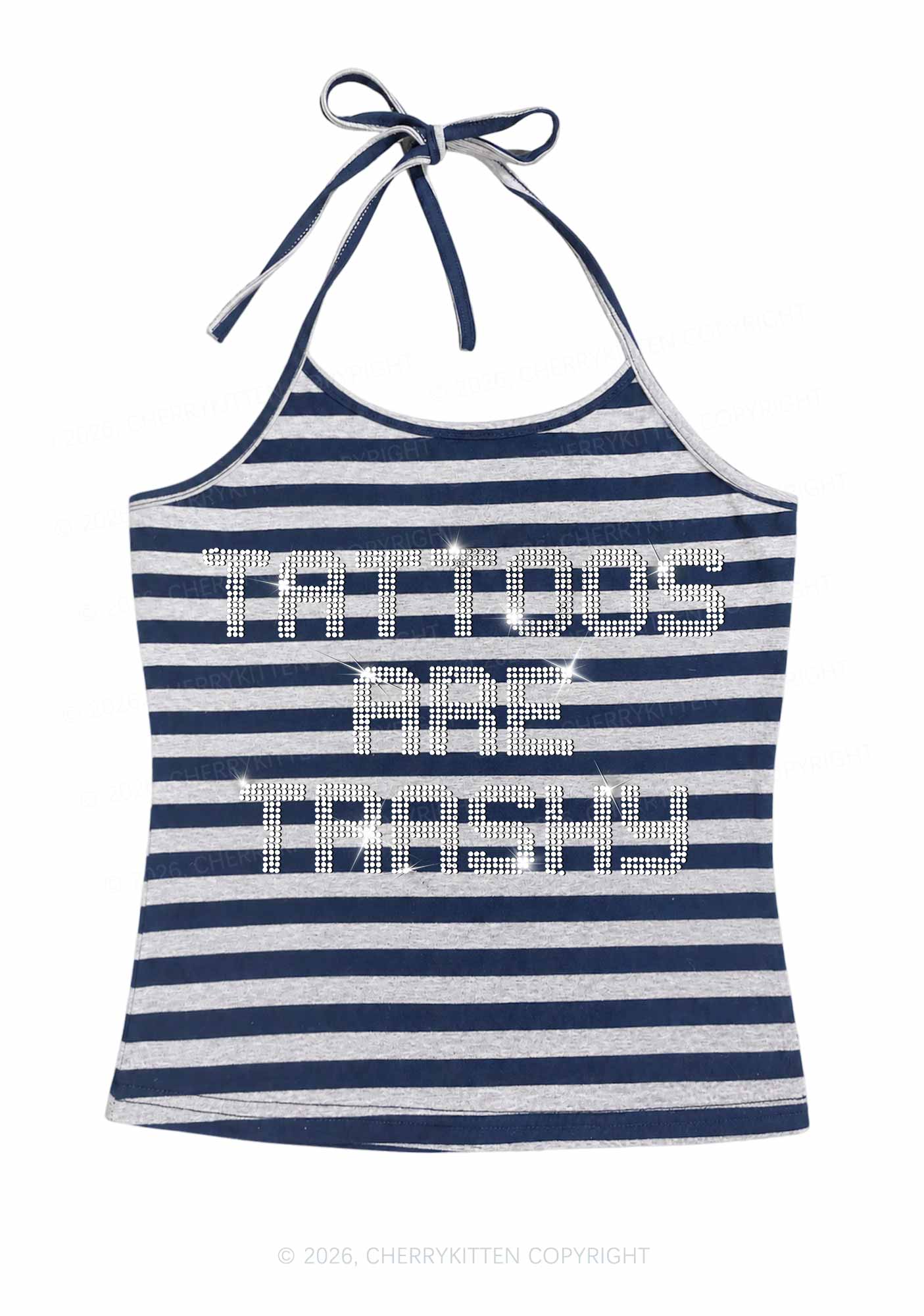 Rhinestone Tattoos Are Trashy Y2K Navy Grey Striped Halter Neck Cami Cherrykitten