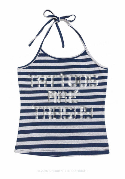 Rhinestone Tattoos Are Trashy Y2K Navy Grey Striped Halter Neck Cami Cherrykitten