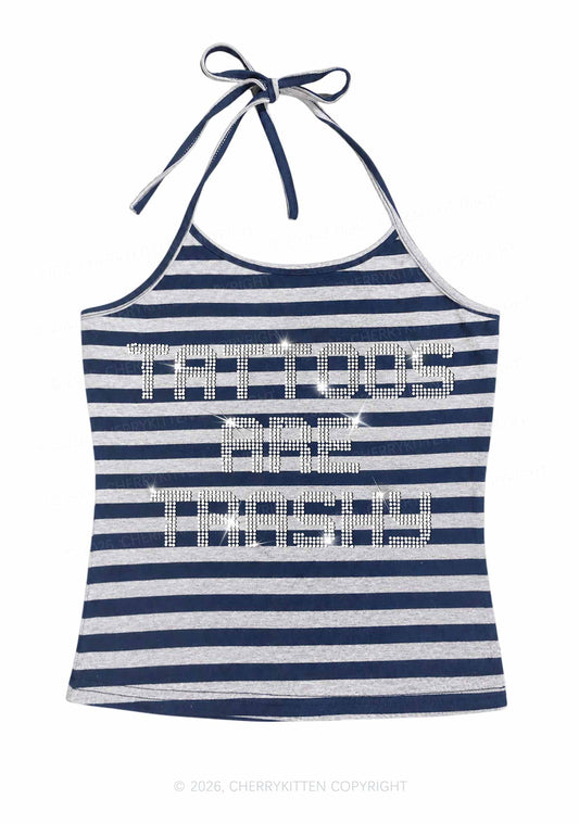 Rhinestone Tattoos Are Trashy Y2K Navy Grey Striped Halter Neck Cami Cherrykitten