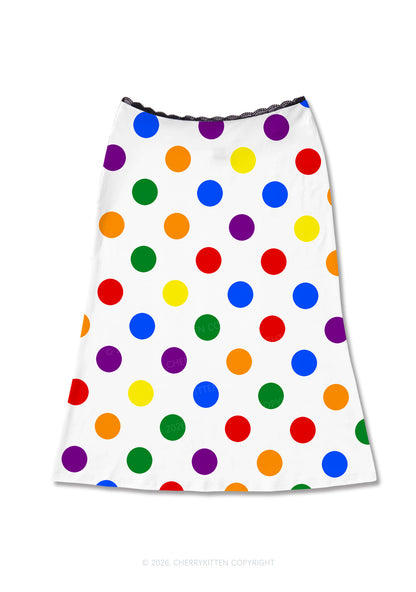 Rainbow Dots On White Pride Y2K Print Midi Skirt Cherrykitten