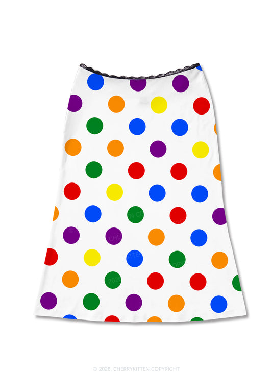Rainbow Dots On White Pride Y2K Print Midi Skirt Cherrykitten
