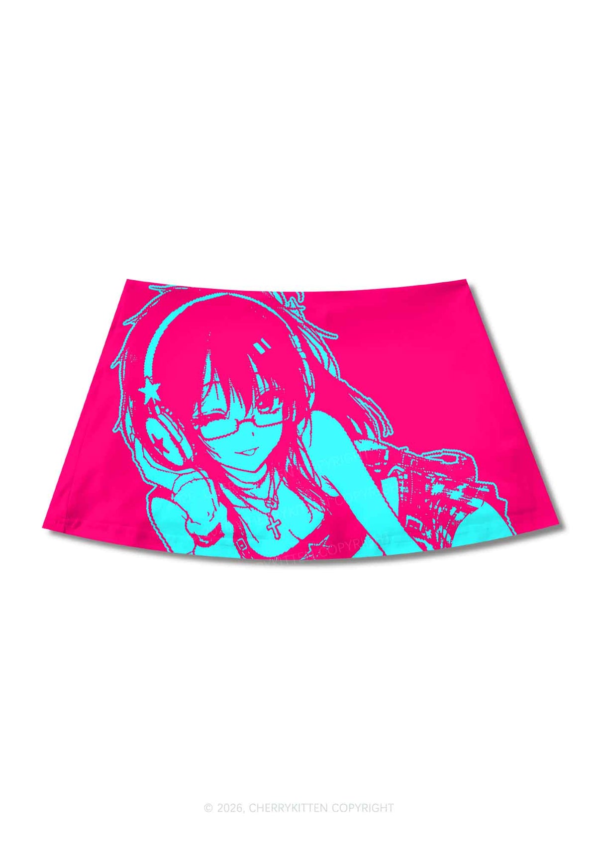 Blue Anime Girl On Hot Pink Y2K Print Mini Skirt Cherrykitten