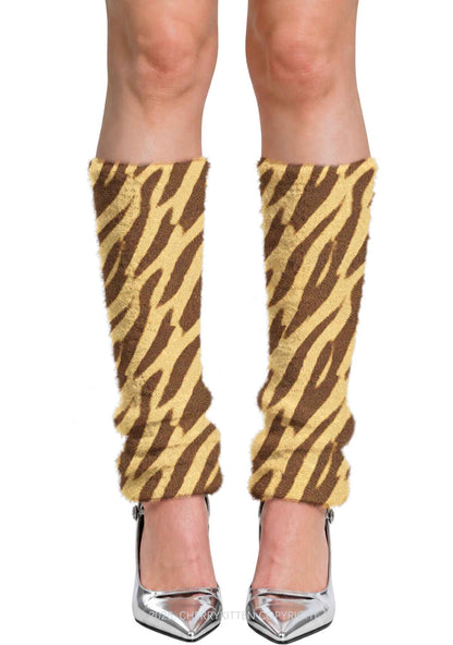 Khaki Tiger Stripe Y2K Print Fuzzy Straight Leg Warmers Cherrykitten