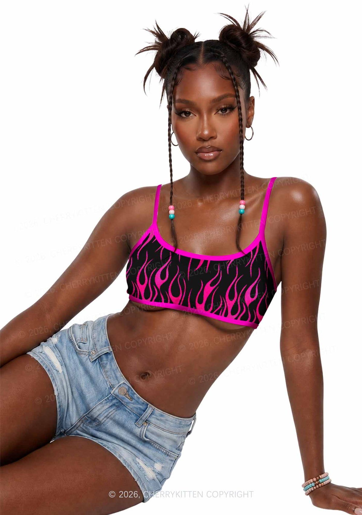 Hot Pink Flame Y2K Print Super Crop Cami Cherrykitten