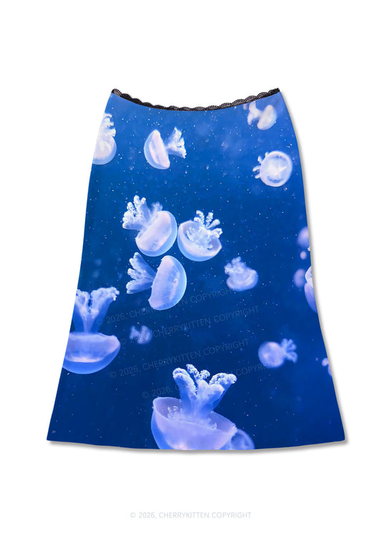 Deep Sea White Jellyfish Y2K Print Midi Skirt Cherrykitten