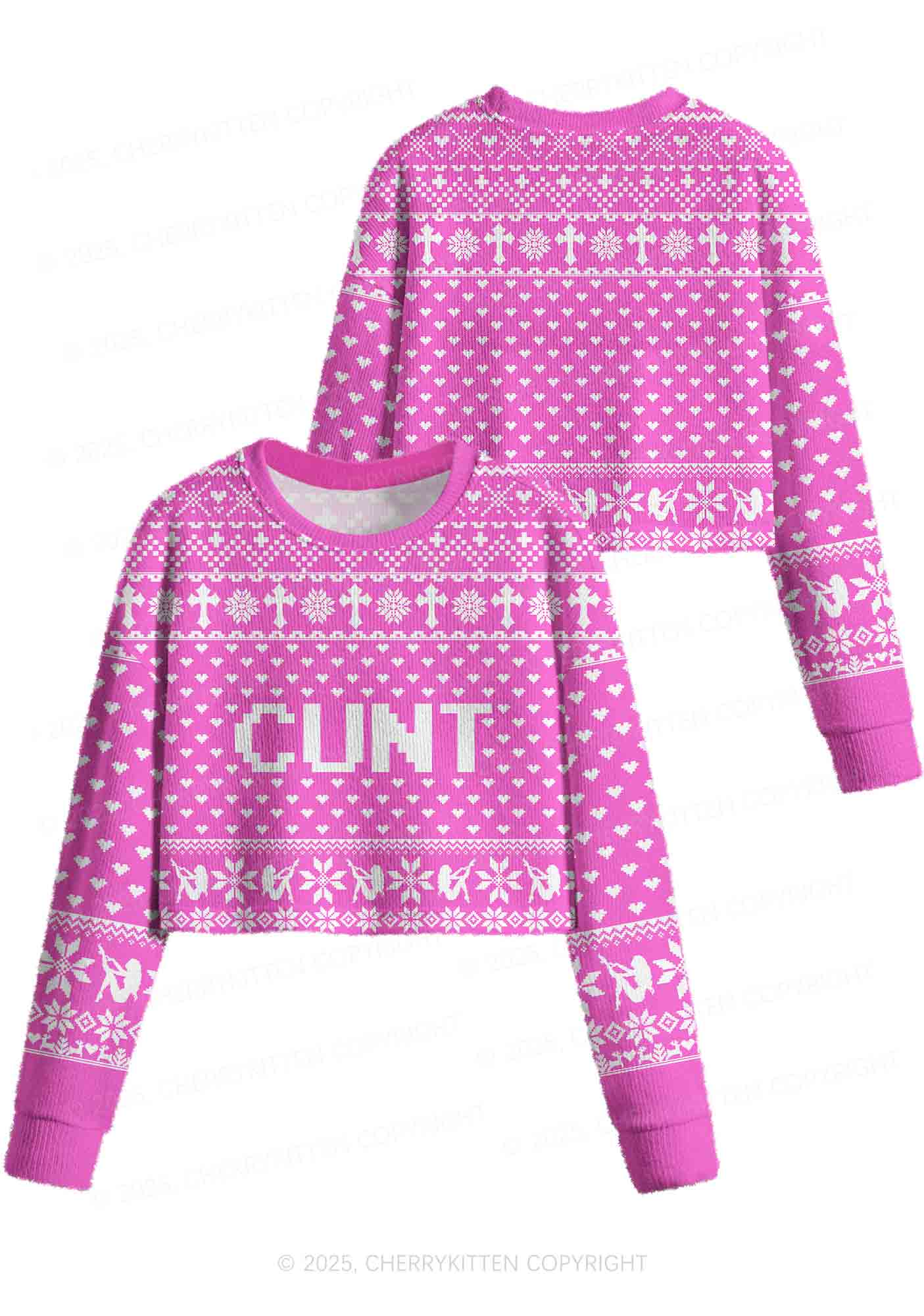 Pink Cxxt Y2K Christmas Crop Knit Sweatshirt Cherrykitten