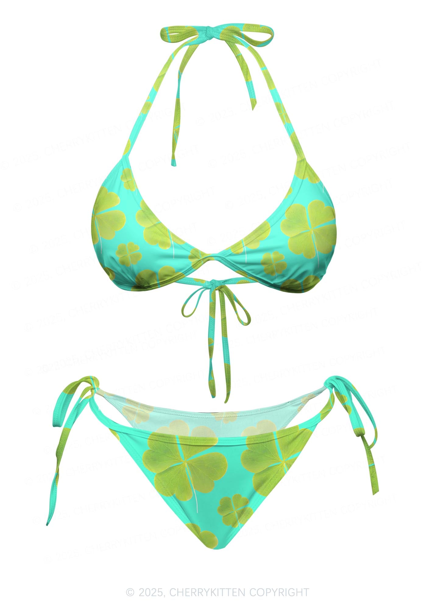 Green Four Leaf Clover Y2K Print Bikini Set Cherrykitten