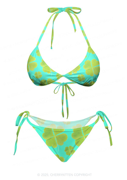 Green Four Leaf Clover Y2K Print Bikini Set Cherrykitten
