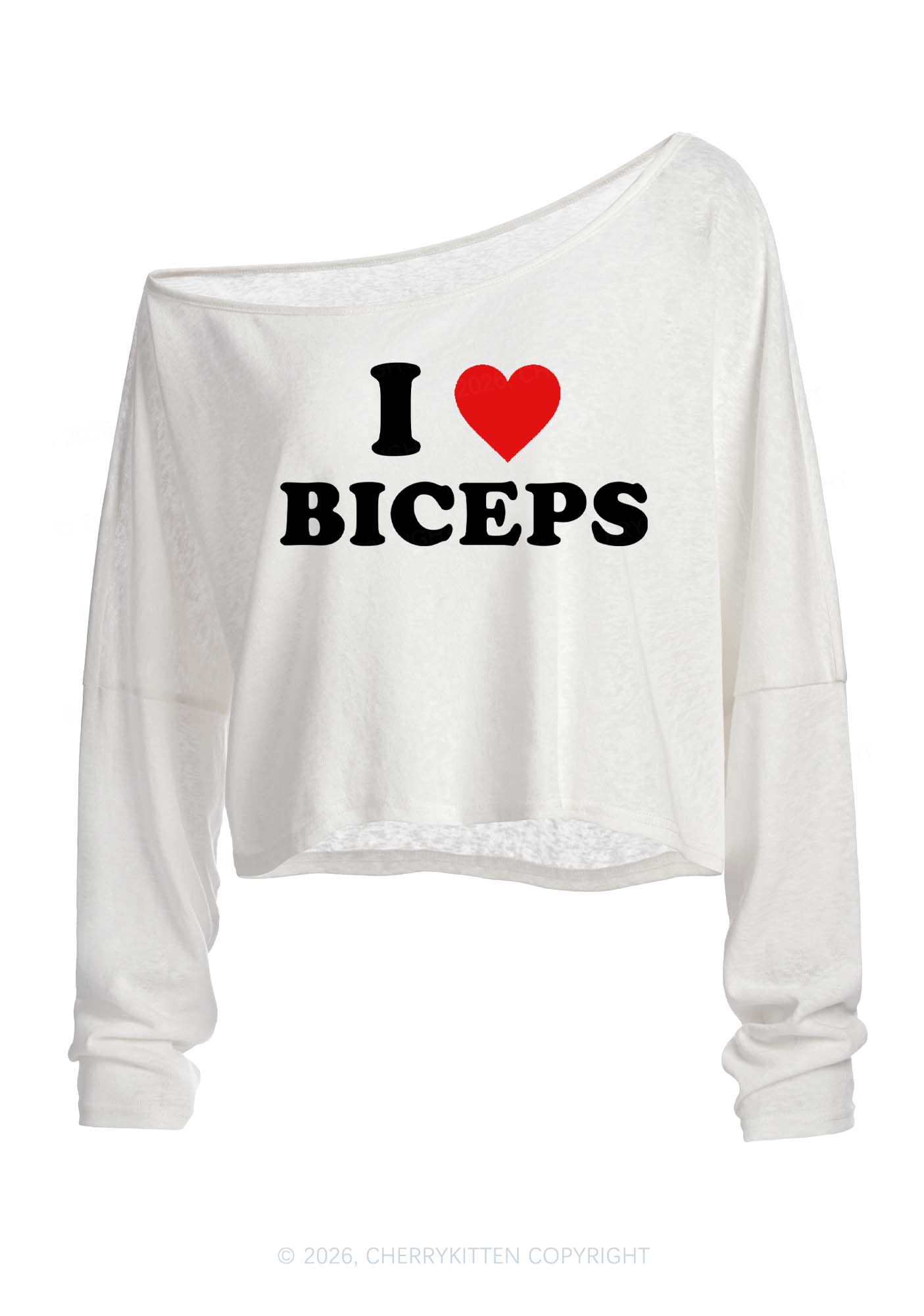 I Love Biceps Y2K Off Shoulder Long Sleeve Crop Top Cherrykitten