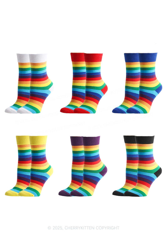 Rainbow Striped Pride Y2K Mid Calf Socks Cherrykitten