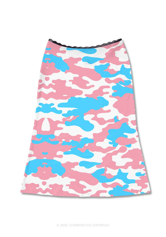 Trans Camouflage Pride Y2K Print Midi Skirt Cherrykitten