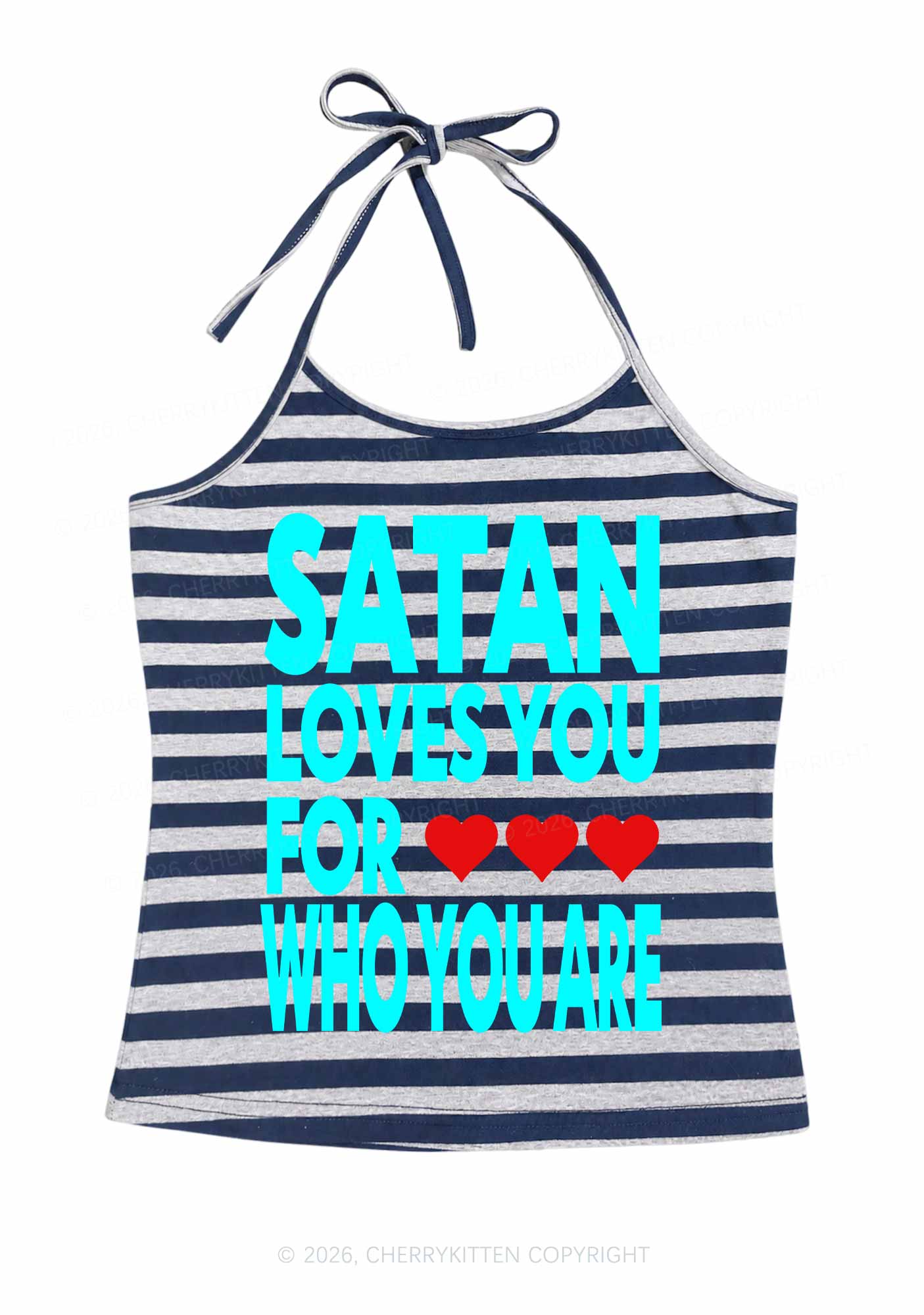 Satan Loves You Y2K Navy Grey Striped Halter Neck Cami Cherrykitten