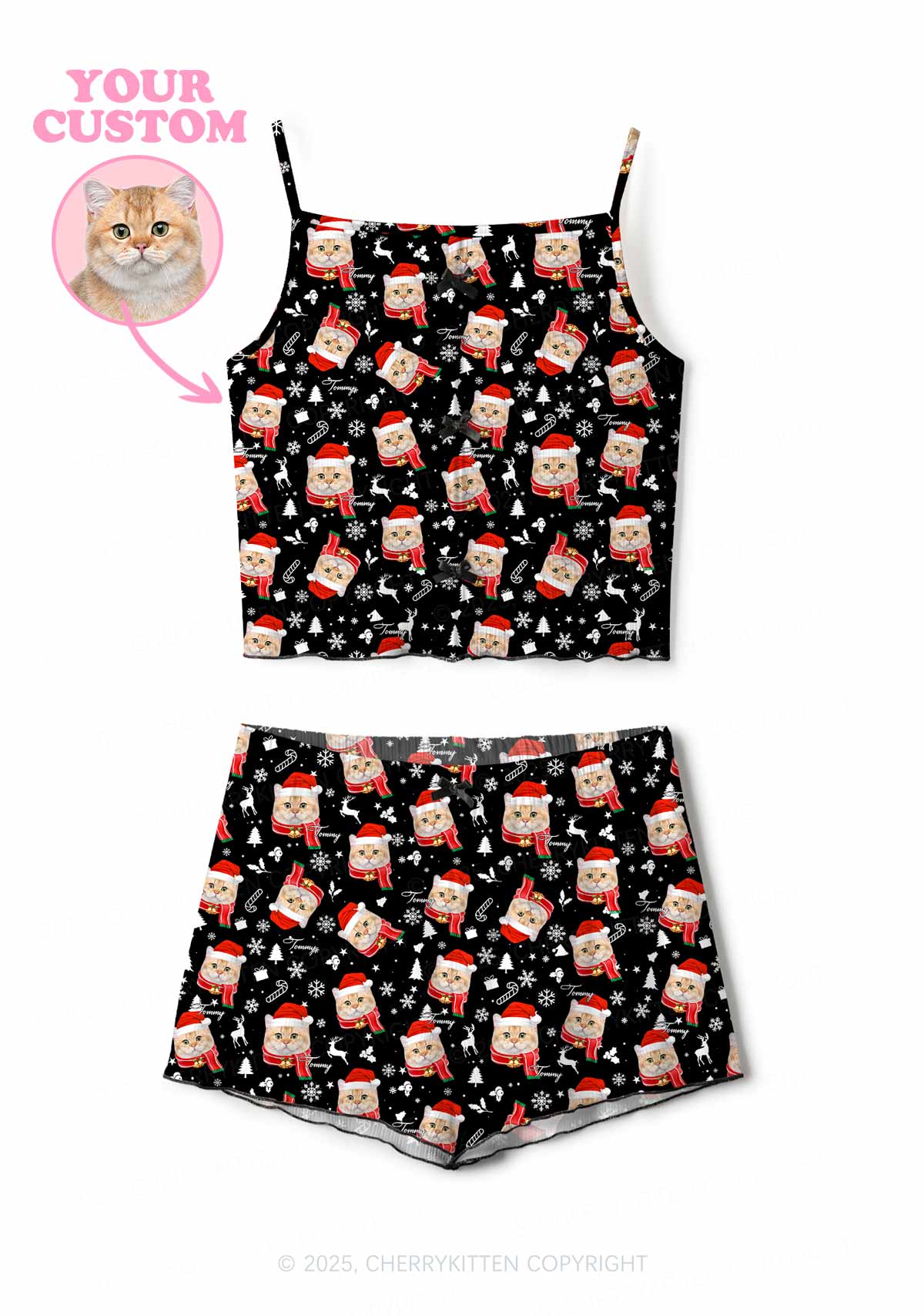 Custom Cat Face Y2K Print Cami Shorts Pajama Set Cherrykitten