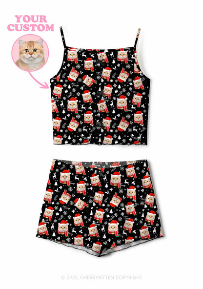 Custom Cat Face Y2K Print Cami Shorts Pajama Set Cherrykitten