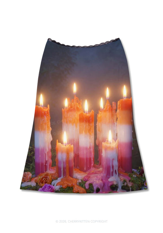 Lesbian Melting Candles Pride Y2K Print Midi Skirt Cherrykitten