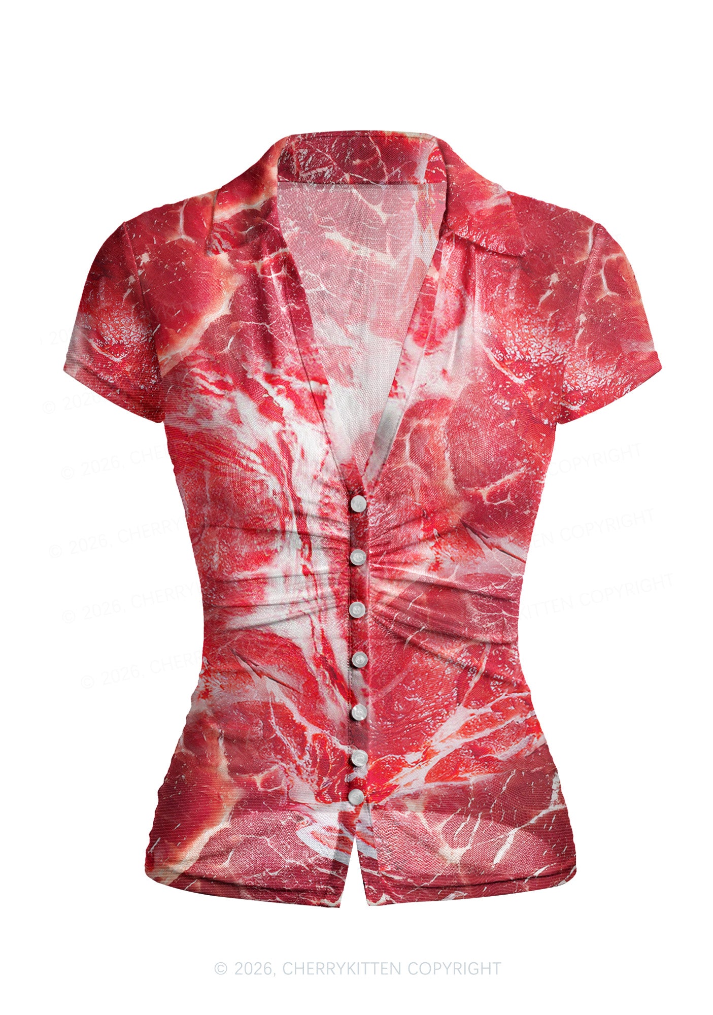 Beef Steak Texture Y2K Mesh Ruched  Waist  V Neck Top Cherrykitten
