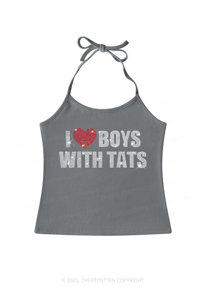 Rhinestone I Love Boys With Tats Y2K Halter Neck Cami Cherrykitten
