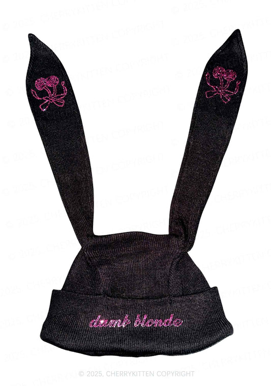 Rhinestone Dumb Blonde Y2K Bunny Ear Knitted Hat Cherrykitten