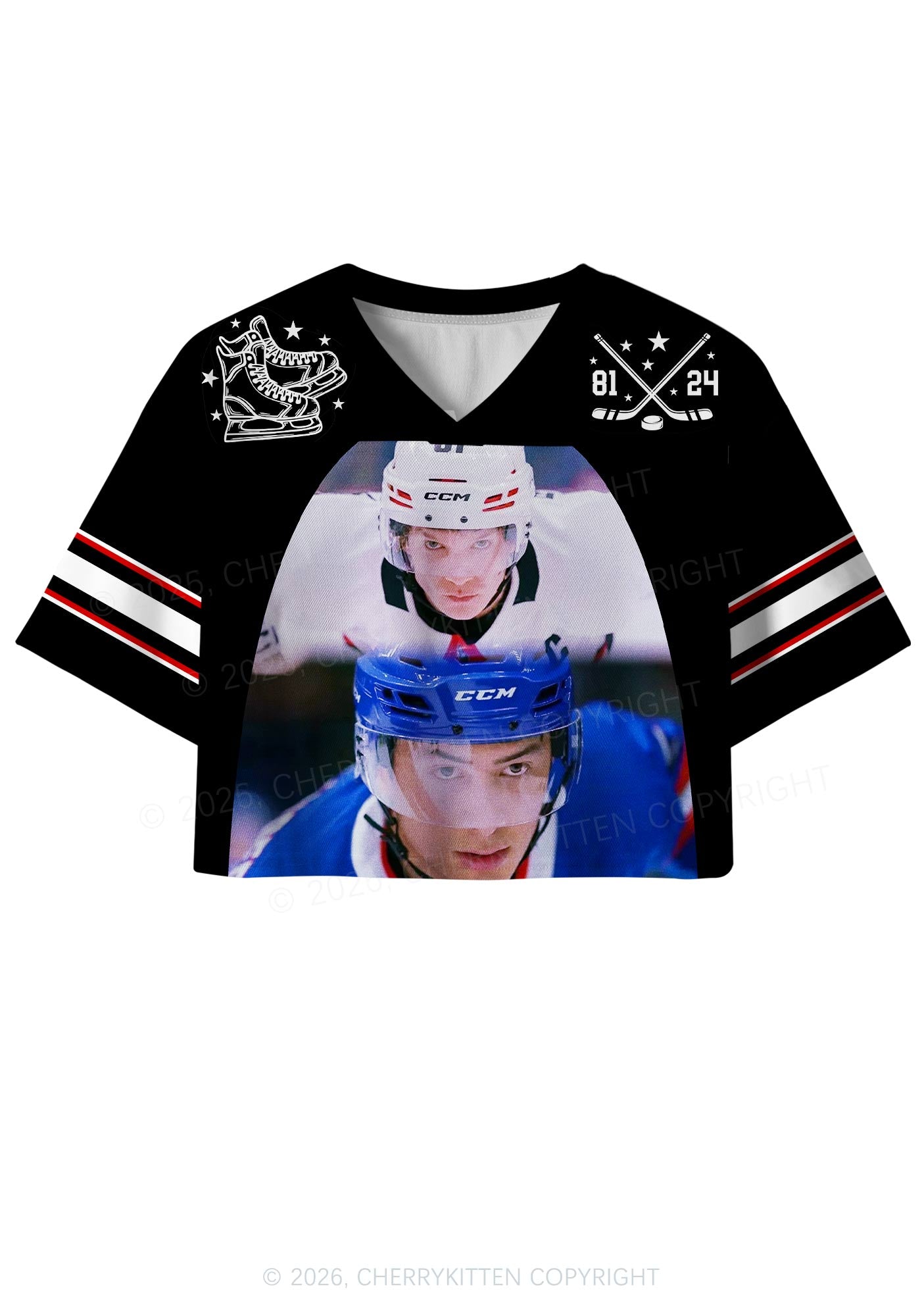 Black Hockey Match HR Y2K Crop Sport Jersey Shirts Cherrykitten