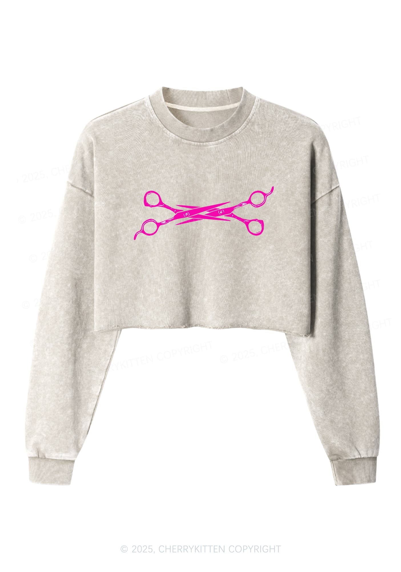 Pink Scissor Pride Y2K Crop Washed Sweatshirts Cherrykitten