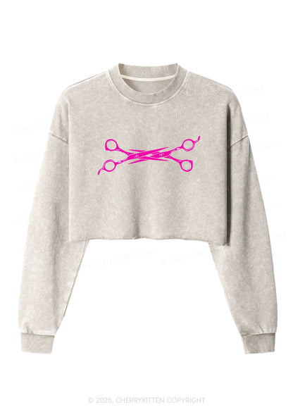 Pink Scissor Pride Y2K Crop Washed Sweatshirts Cherrykitten