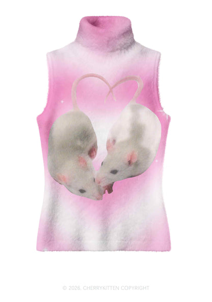 Pink Sweet Rats Valentine's Day Y2K Knit Turtleneck Tank Top Cherrykitten