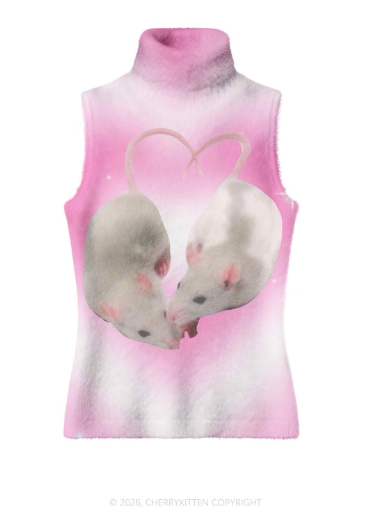 Pink Sweet Rats Valentine's Day Y2K Knit Turtleneck Tank Top Cherrykitten