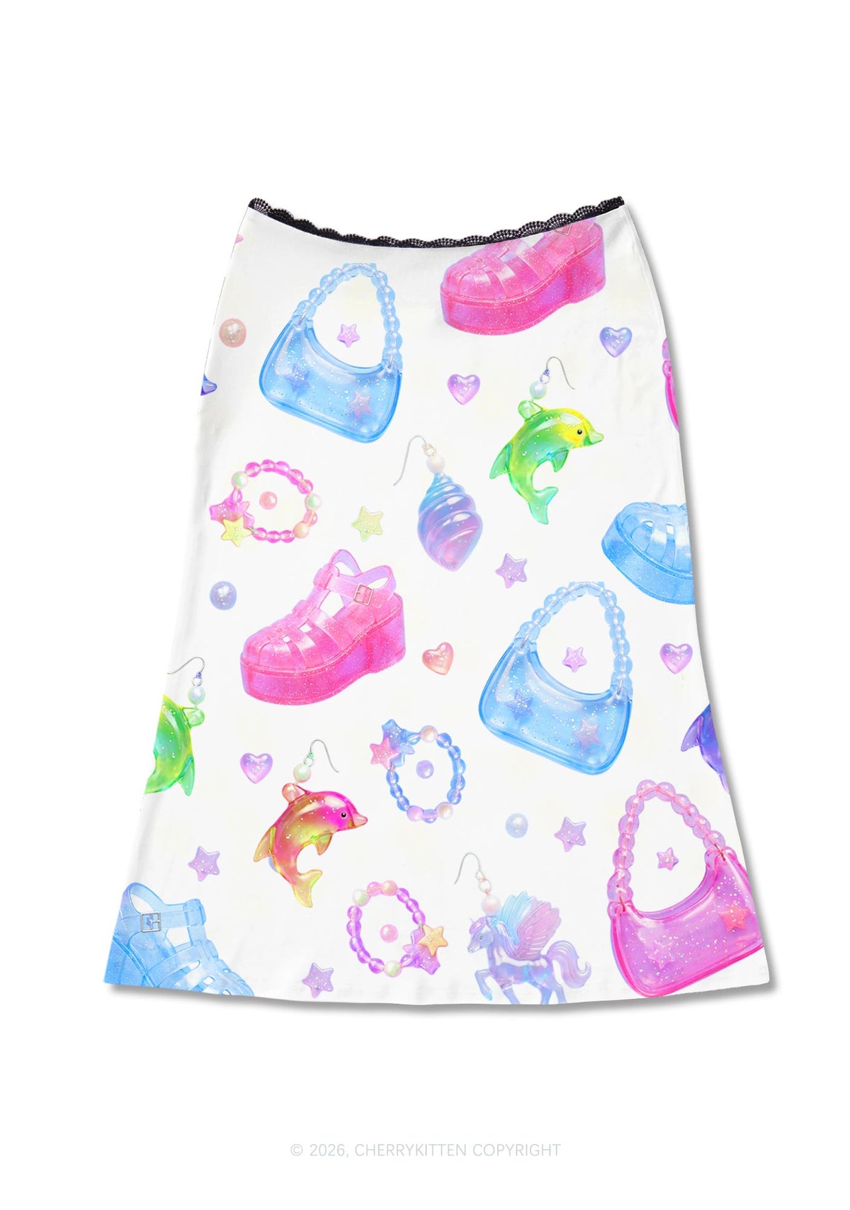 White Jelly Charms Y2K Print Midi Skirt Cherrykitten