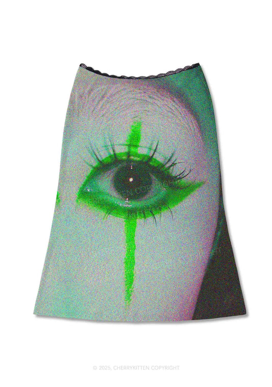 Halloween Cry Eye Y2K Print Midi Skirt Cherrykitten