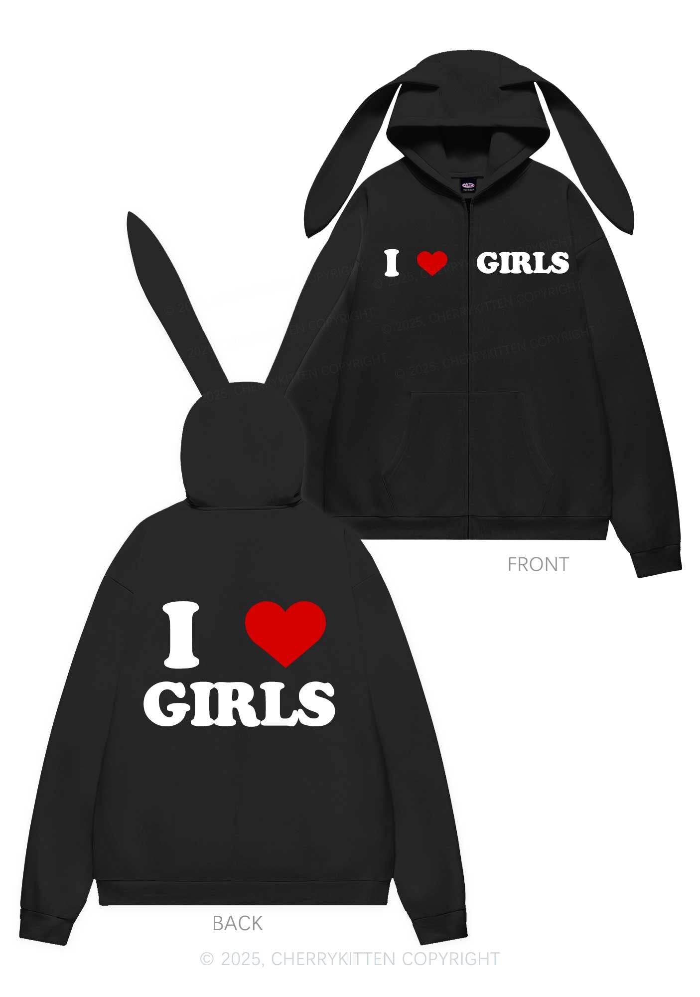 I Love Girls Y2K Bunny Ear Zip Hoodie Cherrykitten