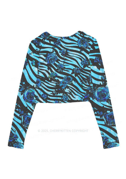 Blue Zebra Roses Y2K Mesh Long Sleeve Crop Top Cherrykitten