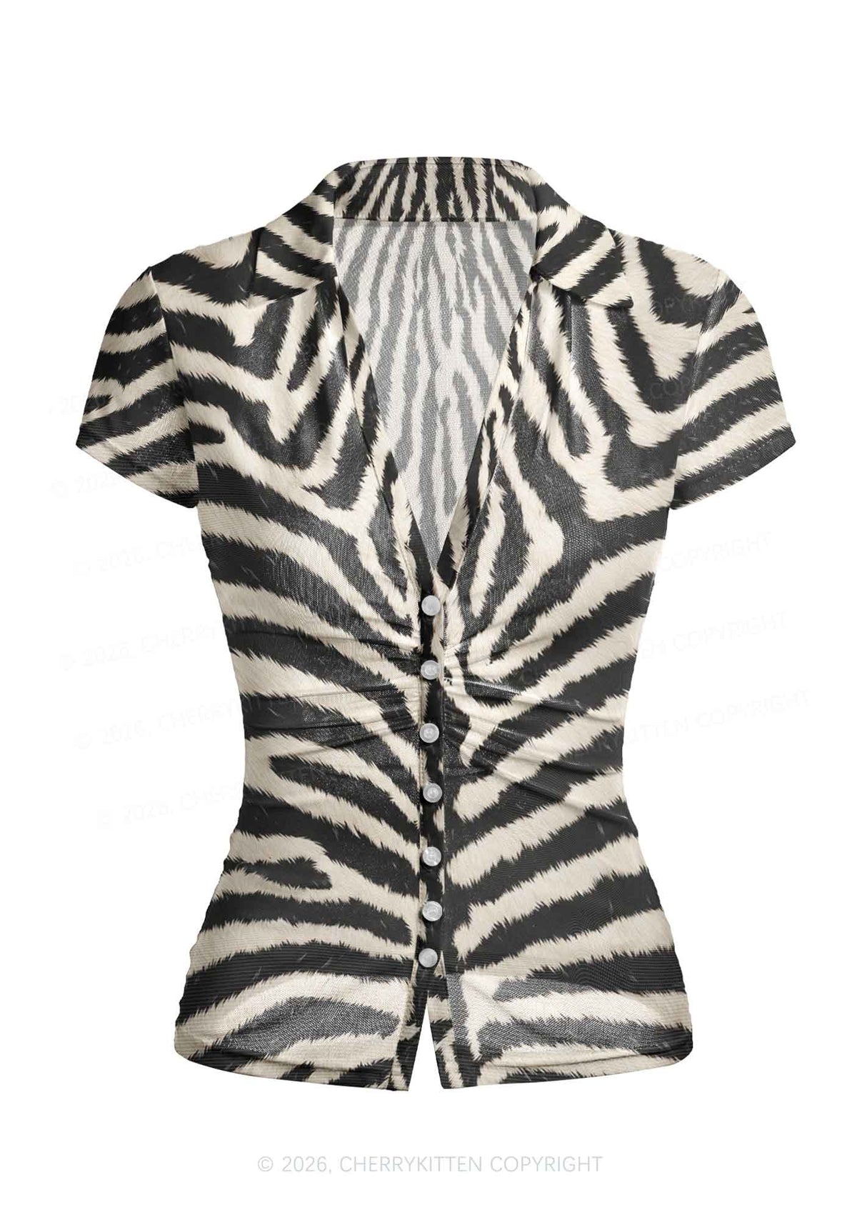 Black And White Zebra Striped Y2K Mesh Ruched Waist V Neck Top Cherrykitten